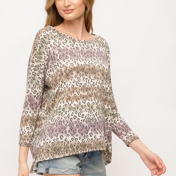 MYSTREE Boutique Leopard Print Long Sleeve Top, Neutral Multi-Color Animal Print - Picture 6 of 8